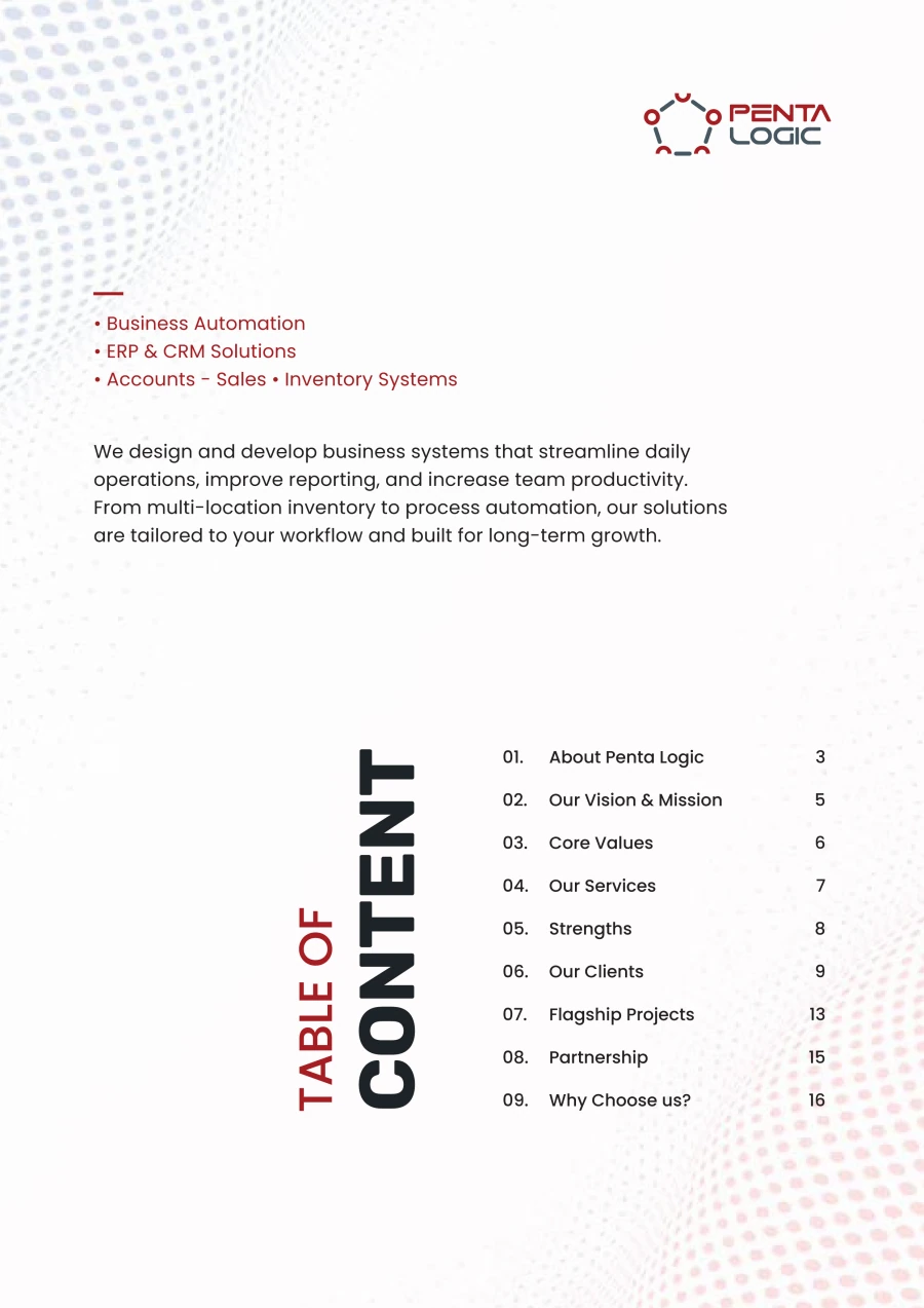 Explore our company. Business automation, ERP and CRM solutions, accounts, sales and inventory systems. Company profile contents.