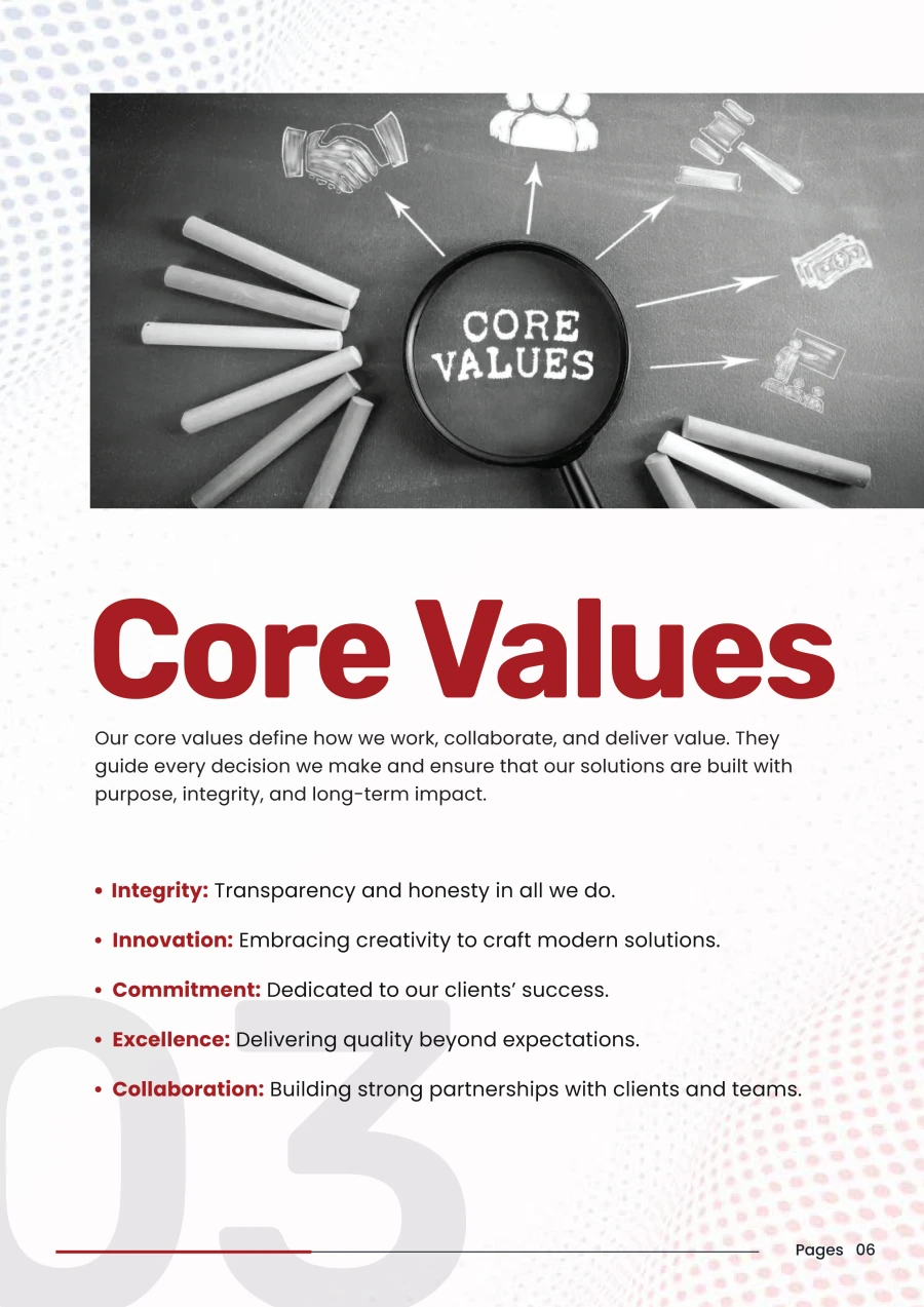 Core values. Integrity, innovation, commitment, excellence and collaboration.