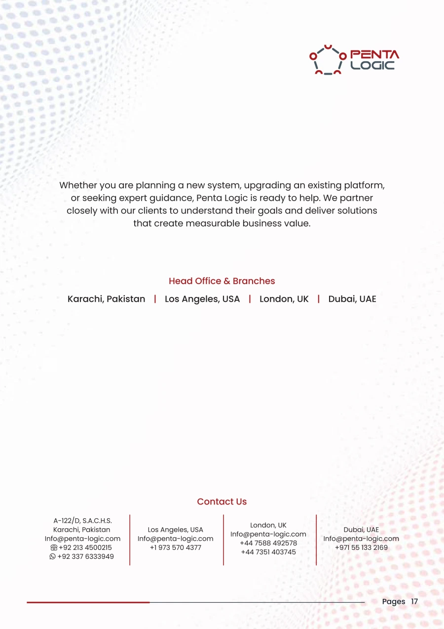 Contact us. Head office and branches: Karachi, Pakistan; Los Angeles, USA; London, UK; Dubai, UAE. Contact details are shown in the original artwork.